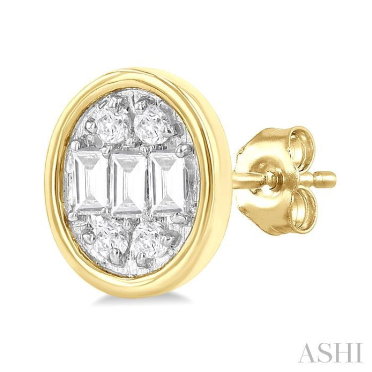1/5 ctw Petite Bezel Set Oval Shape Fusion Baguette and Round Cut Diamond Fashion Stud Earring in 10K Yellow Gold