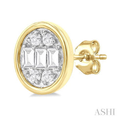 1/5 ctw Petite Bezel Set Oval Shape Fusion Baguette and Round Cut Diamond Fashion Stud Earring in 10K Yellow Gold