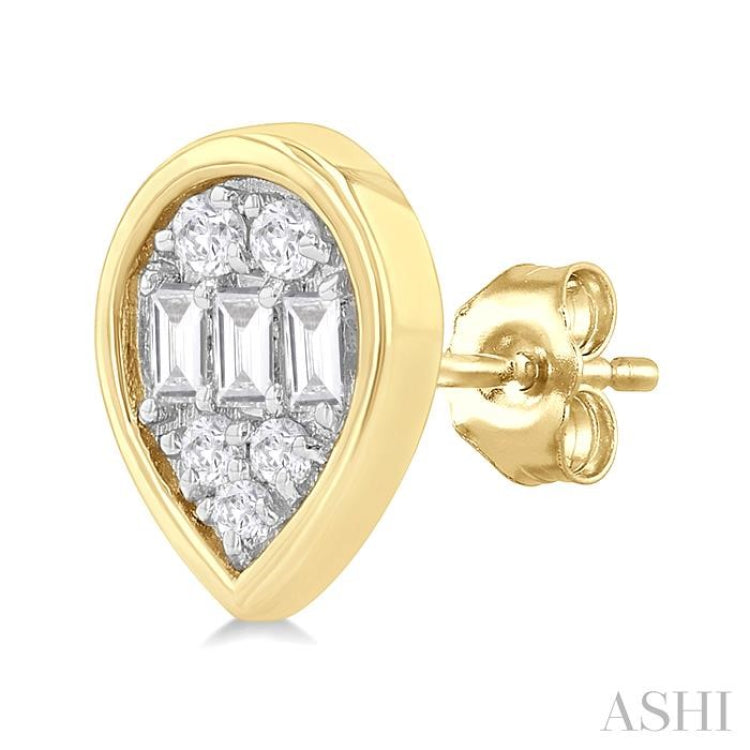 1/5 ctw Petite Bezel Set Pear Shape Fusion Baguette and Round Cut Diamond Fashion Stud Earring in 10K Yellow Gold