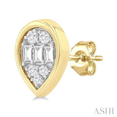 1/5 ctw Petite Bezel Set Pear Shape Fusion Baguette and Round Cut Diamond Fashion Stud Earring in 10K Yellow Gold