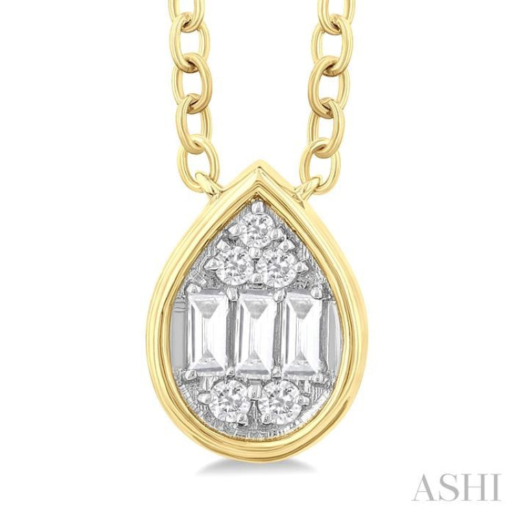 1/6 ctw Petite Bezel Set Pear Shape Fusion Baguette and Round Cut Diamond Fashion Pendant With Chain in 10K Yellow Gold