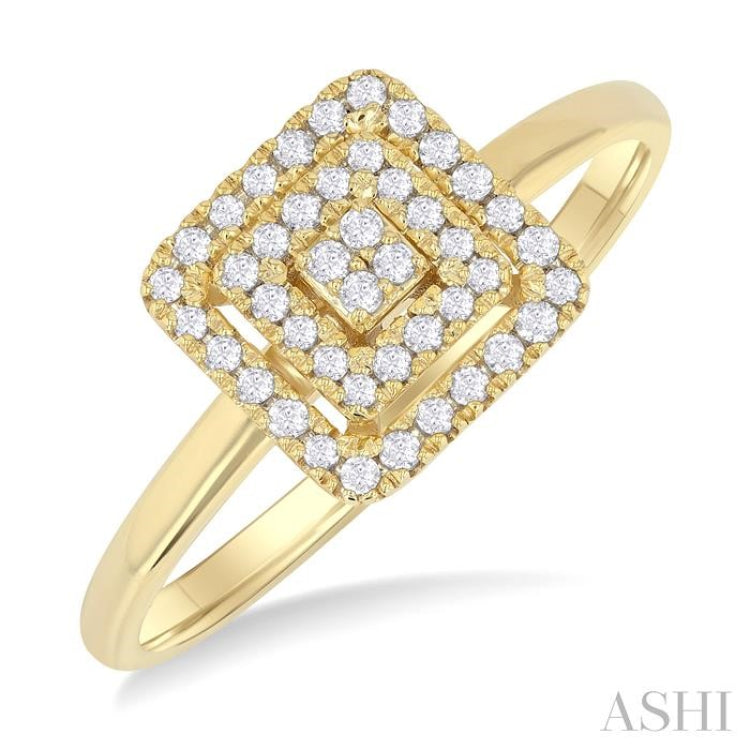 1/6 ctw Double Halo Square Shape Petite Round Cut Diamond Fashion Ring in 10K Yellow Gold