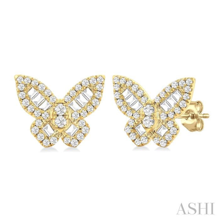 1/2 ctw Butterfly Petite Baguette and Round Cut Diamond Fashion Stud Earring in 14K Yellow Gold