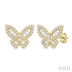 1/2 ctw Butterfly Petite Baguette and Round Cut Diamond Fashion Stud Earring in 14K Yellow Gold