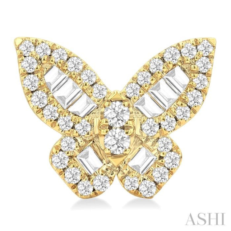 1/2 ctw Butterfly Petite Baguette and Round Cut Diamond Fashion Stud Earring in 14K Yellow Gold