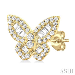 1/2 ctw Butterfly Petite Baguette and Round Cut Diamond Fashion Stud Earring in 14K Yellow Gold