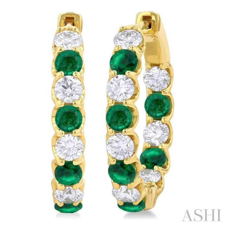 3.1 MM Emerald and 1 5/8 ctw Round Cut Inside-Out Diamond Precious Hoop Earrings in 14K Yellow Gold