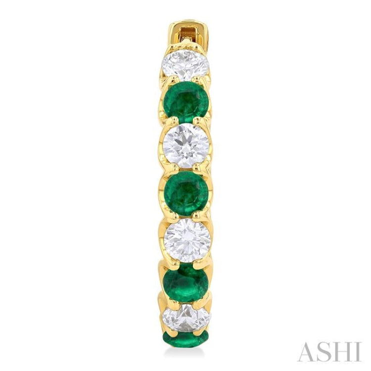 3.1 MM Emerald and 1 5/8 ctw Round Cut Inside-Out Diamond Precious Hoop Earrings in 14K Yellow Gold