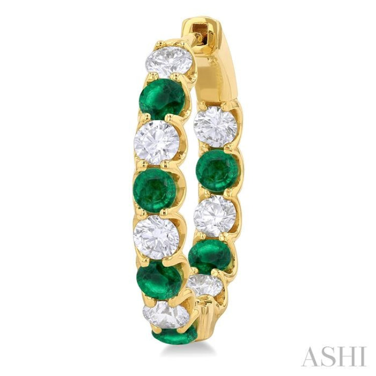 3.1 MM Emerald and 1 5/8 ctw Round Cut Inside-Out Diamond Precious Hoop Earrings in 14K Yellow Gold