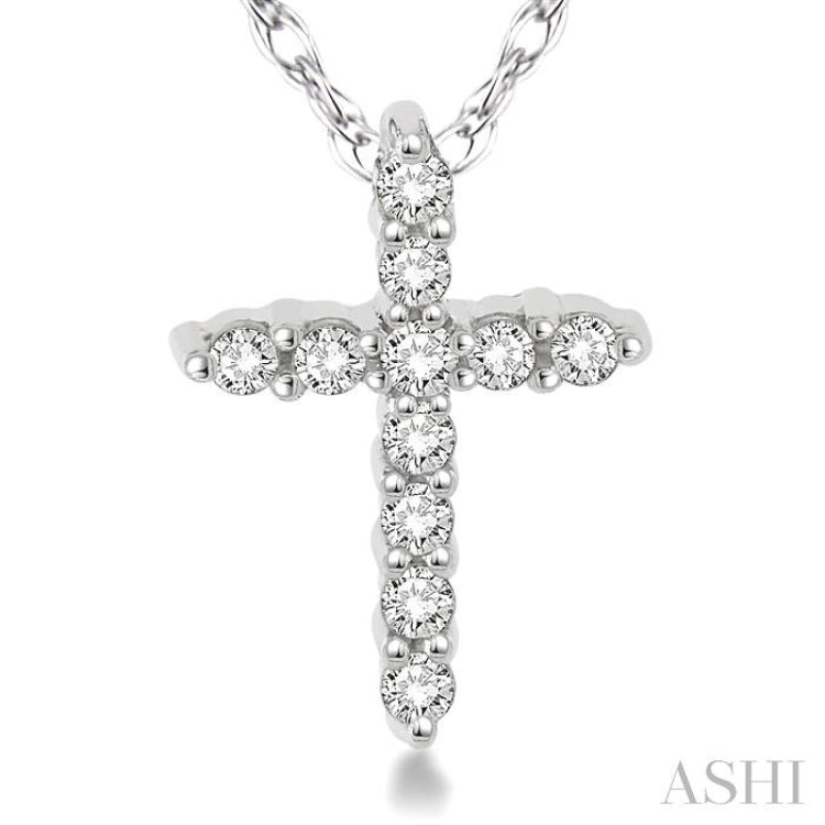 1/20 ctw Round Cut Diamond Cross Petite Pendant in 14K White Gold with Chain