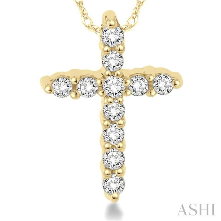 1/20 ctw Round Cut Diamond Cross Petite Pendant in 14K Yellow Gold with Chain