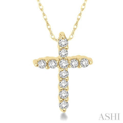1/20 ctw Round Cut Diamond Cross Petite Pendant in 10K Yellow Gold with Chain