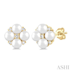 3 MM Floral Round Shape Cultured Pearl and 1/20 ctw Round Cut Diamond Fashion Stud Earring in 10K Yellow Gold