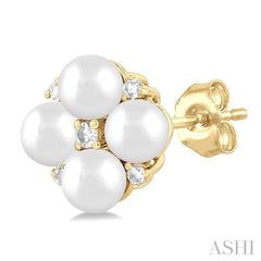 3 MM Floral Round Shape Cultured Pearl and 1/20 ctw Round Cut Diamond Fashion Stud Earring in 10K Yellow Gold