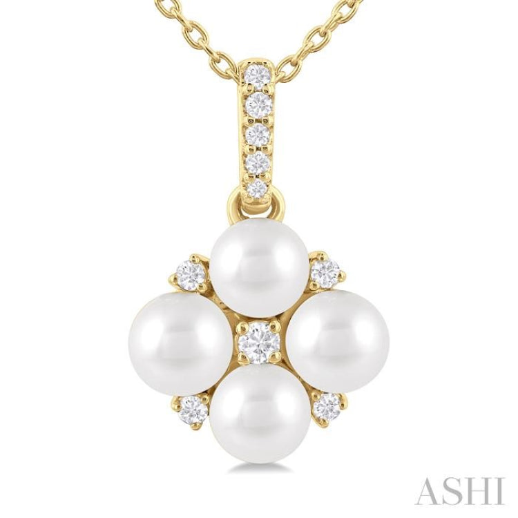 4 MM Floral Round Shape Cultured Pearl and 1/10 ctw Round Cut Diamond Fashion Pendant With Chain in 10K Yellow Gold