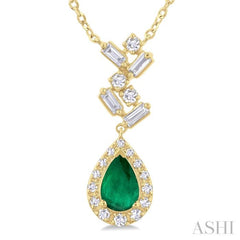 6x4 MM Pear Cut Emerald and 1/5 ctw Scatter Baguette & Single Cut Halo Diamond Precious Pendant With Chain in 10K Yellow Gold