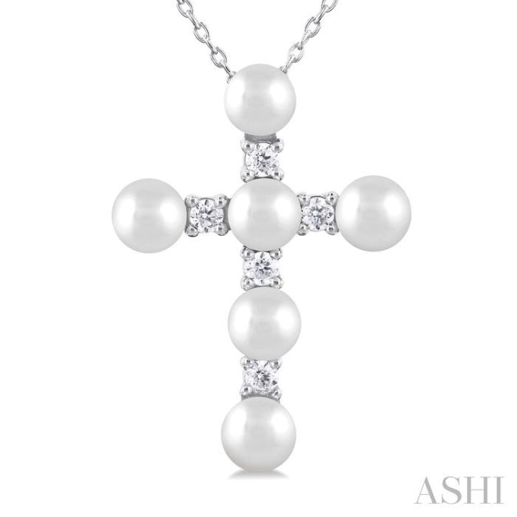 4 MM Cross Cultured Pearl and 1/6 ctw Round Cut Diamond Fashion Pendant With Chain in 10K White Gold