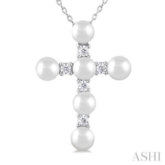 4 MM Cross Cultured Pearl and 1/6 ctw Round Cut Diamond Fashion Pendant With Chain in 10K White Gold