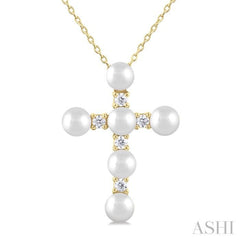 4 MM Cross Cultured Pearl and 1/6 ctw Round Cut Diamond Fashion Pendant With Chain in 10K Yellow Gold
