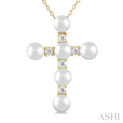 4 MM Cross Cultured Pearl and 1/6 ctw Round Cut Diamond Fashion Pendant With Chain in 10K Yellow Gold
