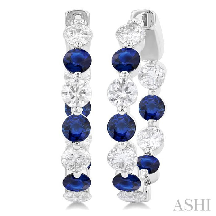 3.3 MM Round Cut Sapphire and 1 5/8 ctw Round Cut Diamond Precious Inside-Out Alternating Hoop Earrings in 14K White Gold