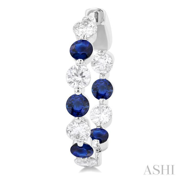 3.3 MM Round Cut Sapphire and 1 5/8 ctw Round Cut Diamond Precious Inside-Out Alternating Hoop Earrings in 14K White Gold