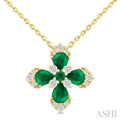 4x3 MM Pear and 2 MM Round Emerald and 1/6 ctw Round Cut Diamond Floral Blossom Precious Pendant With Chain in 14K Yellow Gold