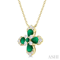 4x3 MM Pear and 2 MM Round Emerald and 1/6 ctw Round Cut Diamond Floral Blossom Precious Pendant With Chain in 14K Yellow Gold
