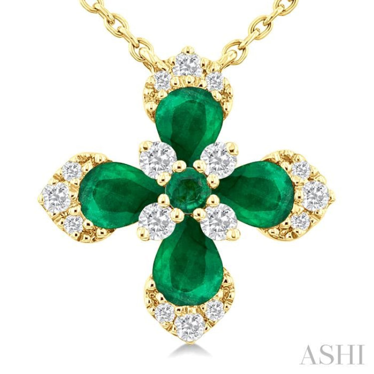 4x3 MM Pear and 2 MM Round Emerald and 1/6 ctw Round Cut Diamond Floral Blossom Precious Pendant With Chain in 14K Yellow Gold