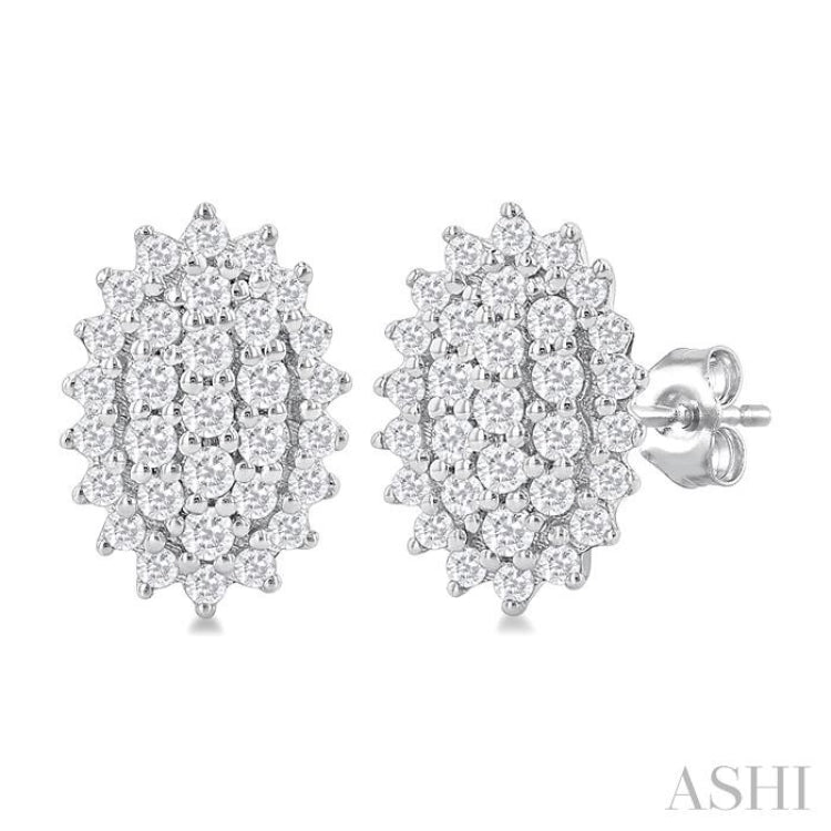1/5 ctw Petite Oval Shape Round Cut Diamond Cluster Fashion Stud Earring in 10K White Gold
