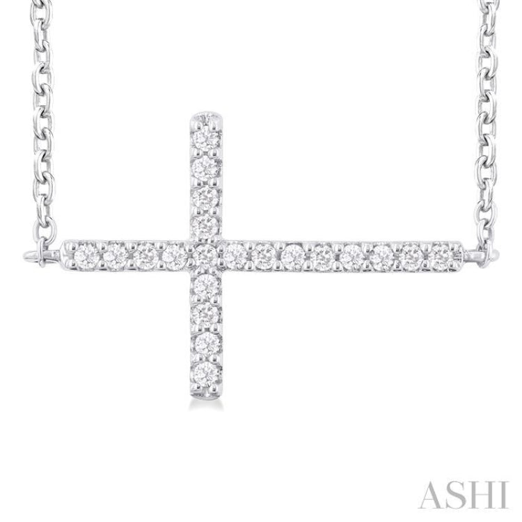 1/10 ctw Petite Sideways Cross Round Cut Diamond Fashion Pendant With Chain in 10K White Gold