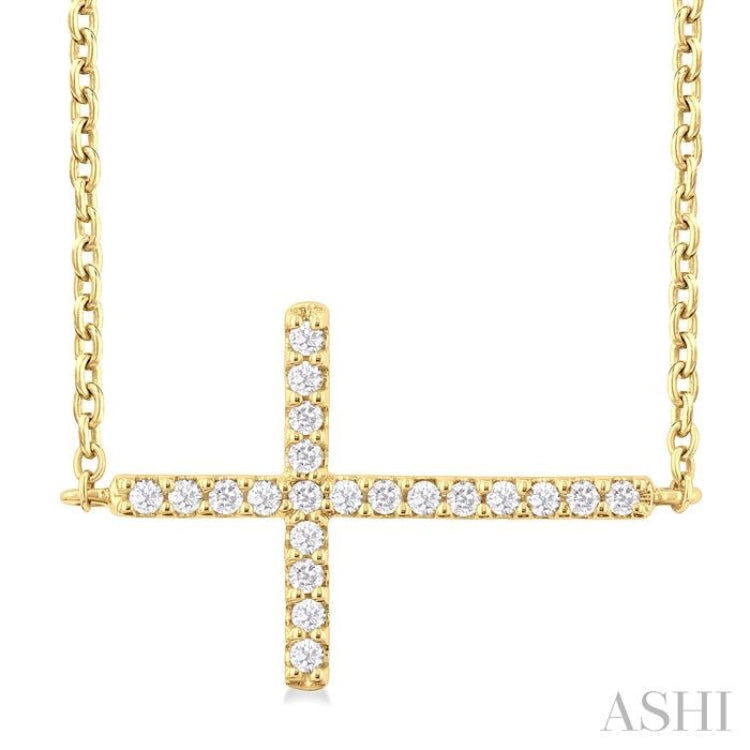 1/10 ctw Petite Sideways Cross Round Cut Diamond Fashion Pendant With Chain in 10K Yellow Gold
