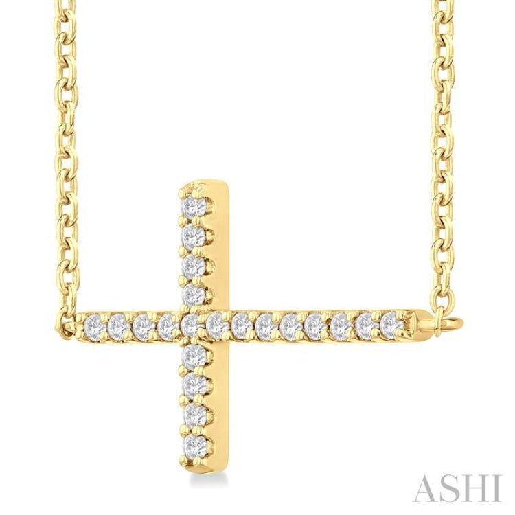 1/10 ctw Petite Sideways Cross Round Cut Diamond Fashion Pendant With Chain in 10K Yellow Gold