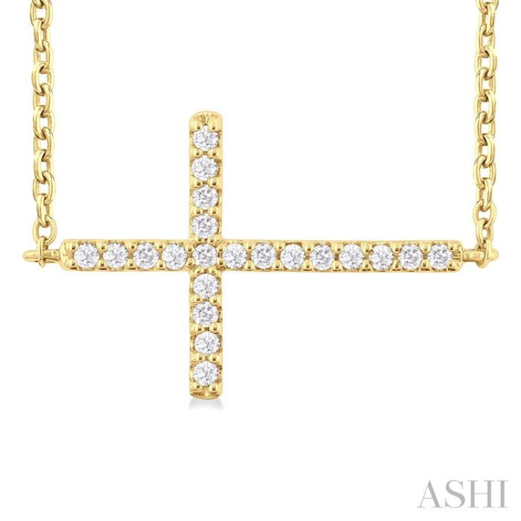 1/10 ctw Petite Sideways Cross Round Cut Diamond Fashion Pendant With Chain in 10K Yellow Gold