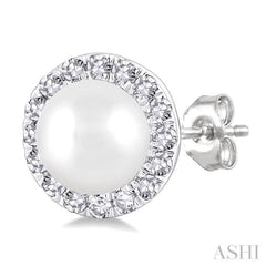 4.5 MM White Cultured Pearl and 1/8 ctw Round Cut Diamond Halo Stud Earrings in 14K White Gold