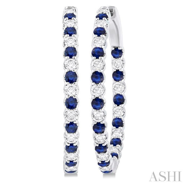 2.3 MM Round Sapphire and 1 1/2 ctw Round Cut Diamond Inside & Outside Alternating Precious Hoop Earrings in 14K White Gold