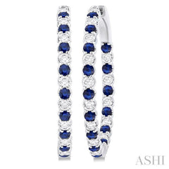 2.3 MM Round Sapphire and 1 1/2 ctw Round Cut Diamond Inside & Outside Alternating Precious Hoop Earrings in 14K White Gold