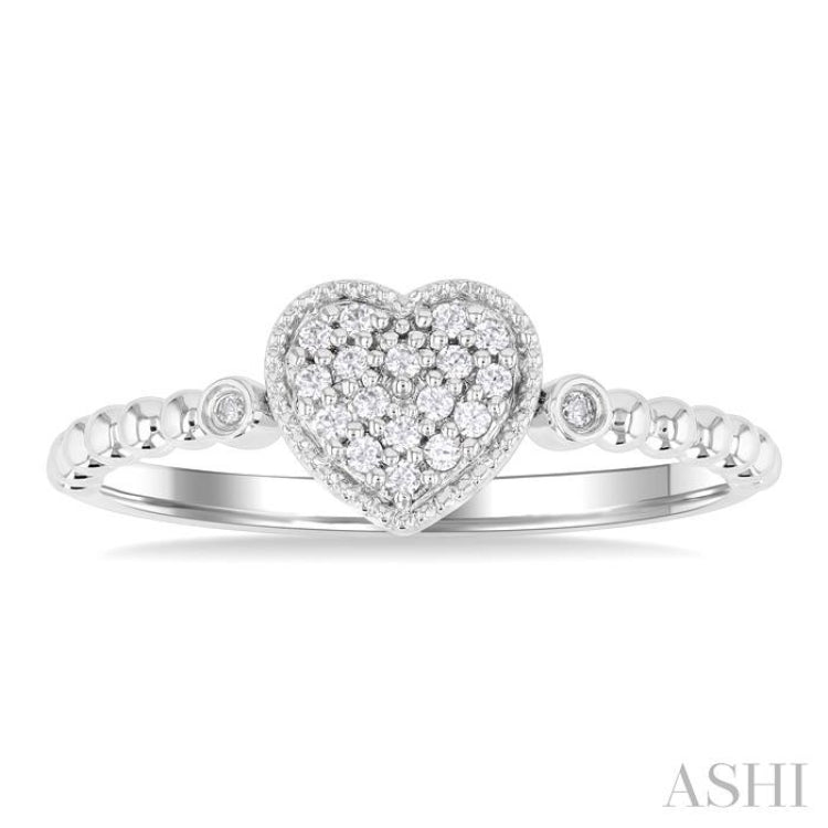 1/8 ctw Petite Bead Shank Heart Motif Round Cut Diamond Fashion Ring in 10K White Gold
