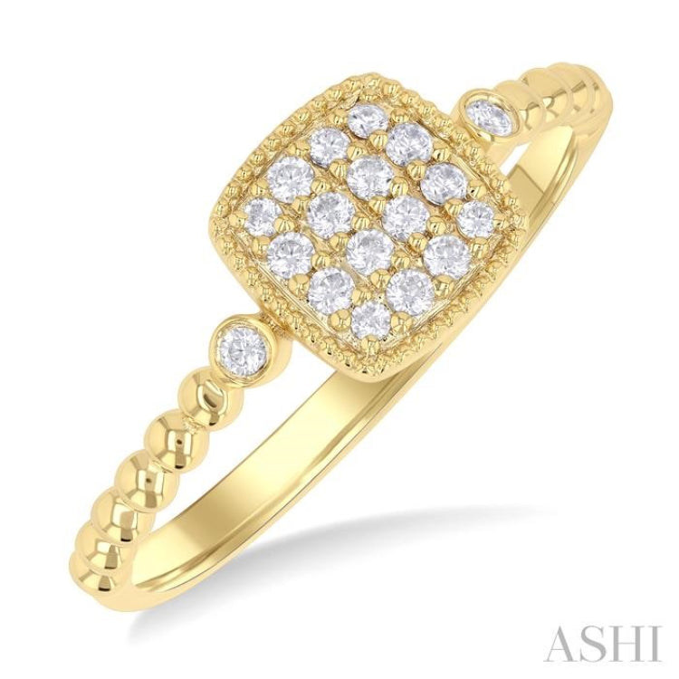 1/8 ctw Petite Bead Shank Cushion Shape Center Round Cut Diamond Fashion Ring in 10K Yellow Gold