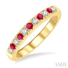 2 MM Ruby and 1/5 ctw Round Cut Diamond Precious Wedding Band in 14K Yellow Gold