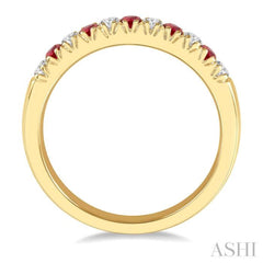 2 MM Ruby and 1/5 ctw Round Cut Diamond Precious Wedding Band in 14K Yellow Gold