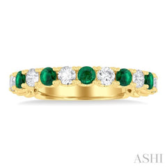 2.6 MM Emerald and 3/8 ctw Round Cut Diamond Precious Wedding Band in 14K Yellow Gold