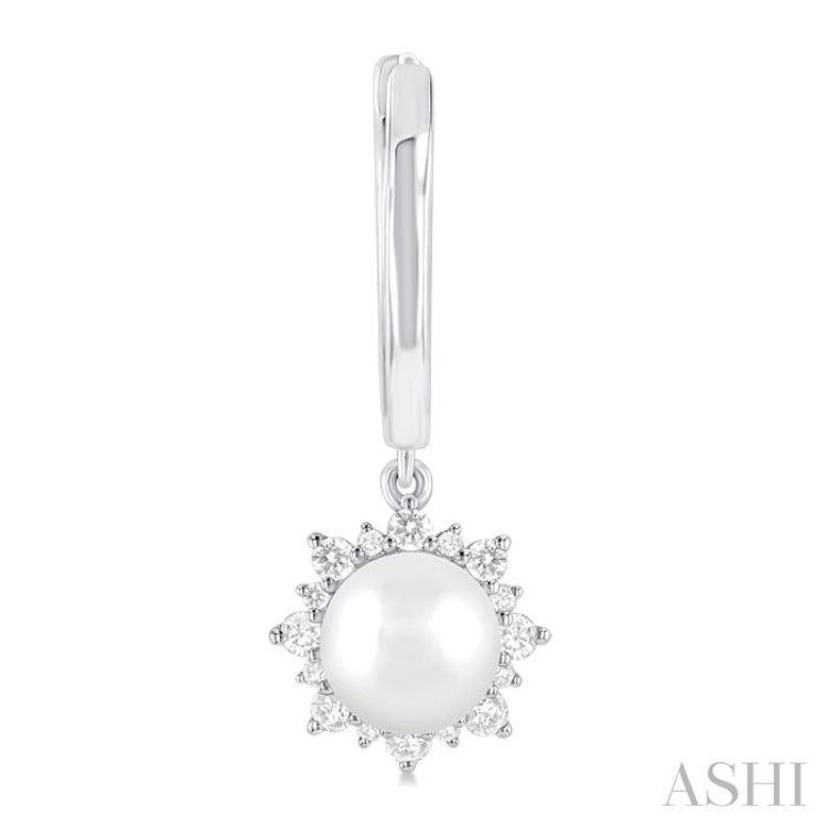 5.5 MM Round shape Cultured Pearls and 1/5 ctw Round Cut Diamond Petite Fashion Huggies in 10K White Gold