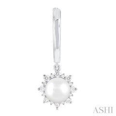 5.5 MM Round shape Cultured Pearls and 1/5 ctw Round Cut Diamond Petite Fashion Huggies in 10K White Gold