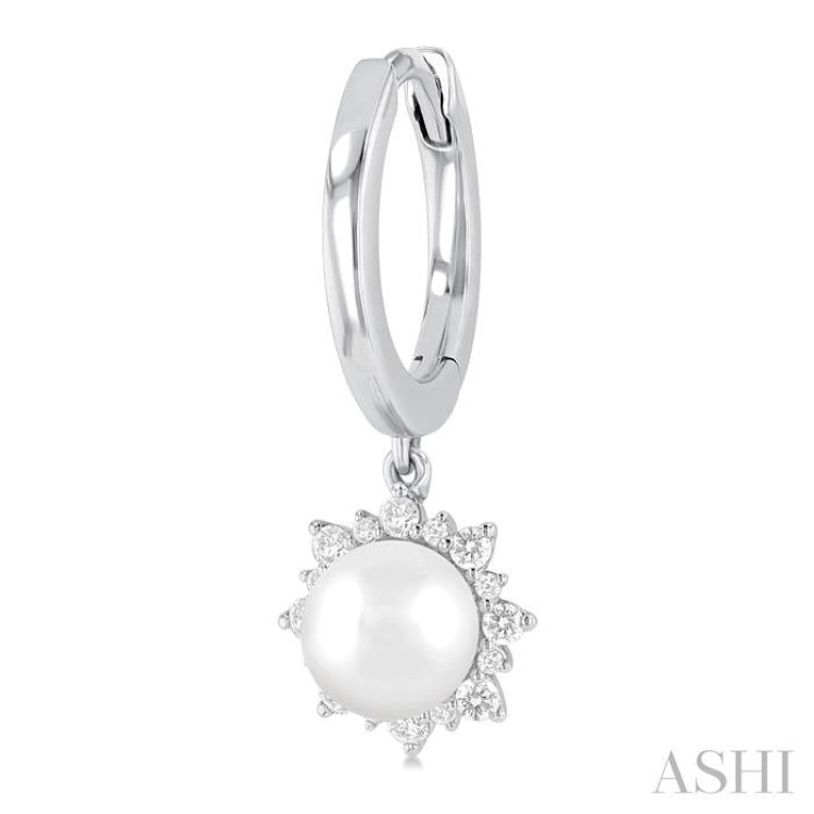 5.5 MM Round shape Cultured Pearls and 1/5 ctw Round Cut Diamond Petite Fashion Huggies in 10K White Gold