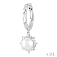 5.5 MM Round shape Cultured Pearls and 1/5 ctw Round Cut Diamond Petite Fashion Huggies in 10K White Gold