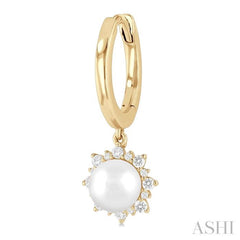 5.5 MM Round Shape Cultured Pearls and 1/5 ctw Petite Round Cut Diamond Fashion Huggies in 10K Yellow Gold