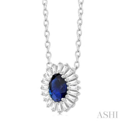 1/3 ctw Oval Cut 6X4MM Sapphire and Baguette Cut Diamond Halo Precious Pendant With Chain in 14K White Gold