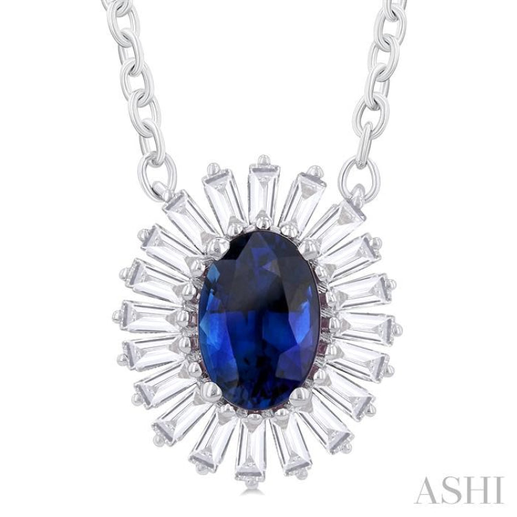 1/3 ctw Oval Cut 6X4MM Sapphire and Baguette Cut Diamond Halo Precious Pendant With Chain in 14K White Gold