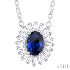 1/3 ctw Oval Cut 6X4MM Sapphire and Baguette Cut Diamond Halo Precious Pendant With Chain in 14K White Gold